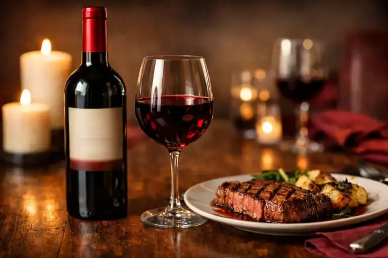 Josh Cabernet Sauvignon review bottle with a filled glass beside steak on a dinner table