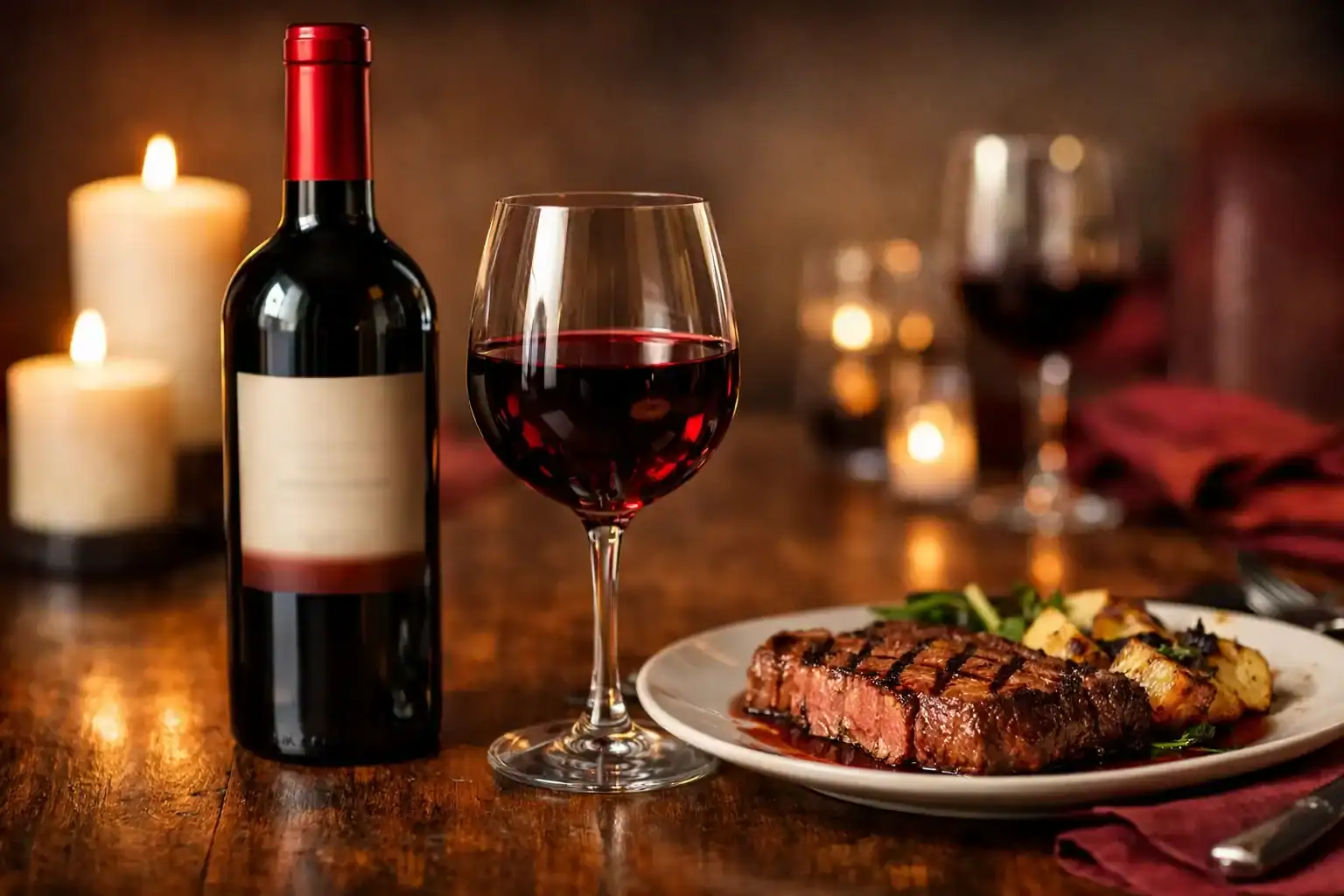 Josh Cabernet Sauvignon review bottle with a filled glass beside steak on a dinner table